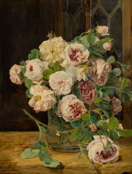 Stilleben mit Rosen, Leuchter und silbernem Becher