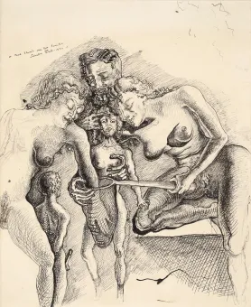 Tinte Zeichnung von drei weiblichen und zwei männlichen Figuren