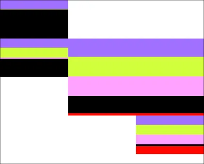 Grafik aus vier unterschiedlich großen Rechtecken in Lila, Gelb, Rosa, Schwarz und Rot