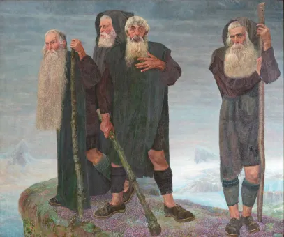 Gemälde von vier alten Männern mit weißen Haaren und langen Bärten auf einem Felsvorsprung stehend