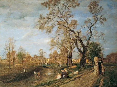 Das Bild zeigt eine Landschaftsszene mit einem schmalen Gewässer, das durch einen Park fließt. Auf der linken Seite sitzen einige Menschen am Ufer, während andere am Wasser stehen. In der Mitte sieht man eine Gruppe von Personen, die im Wasser arbeiten oder spielen. Rechts im Bild sind zwei Frauen zu sehen, die miteinander sprechen. Im Hintergrund stehen einige Bäume und eine kleine Bootsanlage ist ebenfalls sichtbar. Der Himmel ist großflächig und zeigt Wolken. [KI-generiert mit ChatGPT]