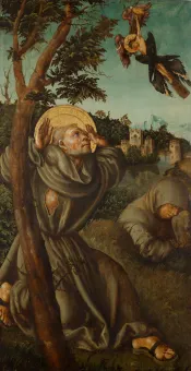 Kniend und mit weit aufgerissenen Augen empfängt der Hl. Franziskus in diesem Tafelbild die Wundmale Christi