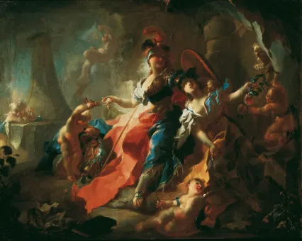 verblümte Vorstellung der Keyserin unter der Gestalt der Minerva mit ihren Attributis sitzend, zu ihren Füßen sitzt die allegorische Figur der Akademie "mit einer goldenen cron auf dem haupt" und hält in der rechten Hand eine Feile mit einem um sie geschlungenen Zettel, auf dem "Detrahit atque polit" (Sie nimmt weg und glättet) geschrieben steht, in ihrer Linken hält sie einen "Cranz von Lorbeer, ebheu [Efeu] und Myrthen", von dem zwei Granatäpfel herabhängen, links unten spielt ein Äffchen
