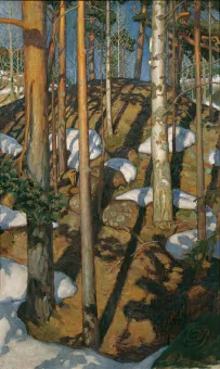 Ölgemälde von einem teilweise verschneiten Wald, in die Sonne scheint