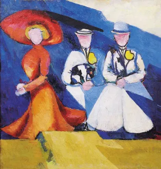 Ölgemälde von drei weiblichen Figuren mit Hüten vor einem gelben und blauen Hintergrund