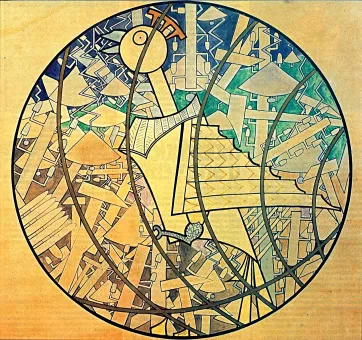 In einem eingezeichneten Kreis sind chaotisch angeordnete Formen und Objekte abgebildet