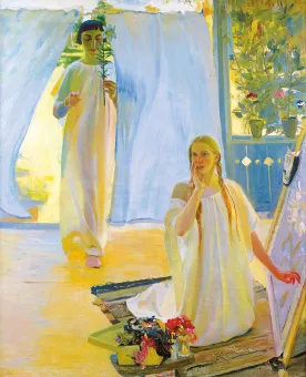 Ölgemälde, auf dem zwei junge Frauen in weißen Kleidern abgebildet sind, eine kniend vor einer Leinwand und eine weitere, die mit einer Blume in der Hand durch einen Vorhang hereinkommt