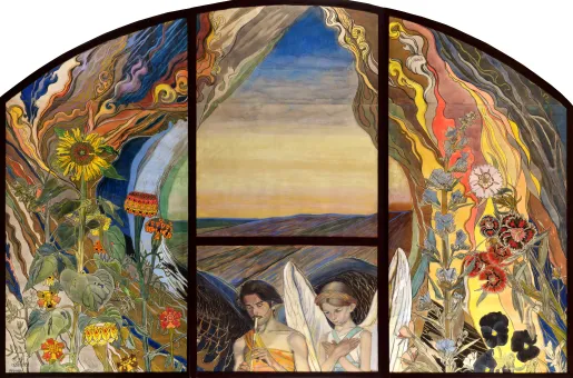 Zwei Engelsfiguren vor einem Hintergrund einer Naturlandschaft, umrahmt von Blumen
