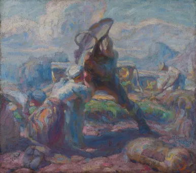 Malerische Darstellung von Menschen bei der Kartoffelernte, mit abstrakten Formen und lebendigen Farben im impressionistischen Stil