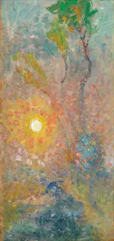 Ölgemälde im impressionistischen Stil mit direktem Blick in die leuchtende Sonne, die neben Baumwipfeln hervorragt