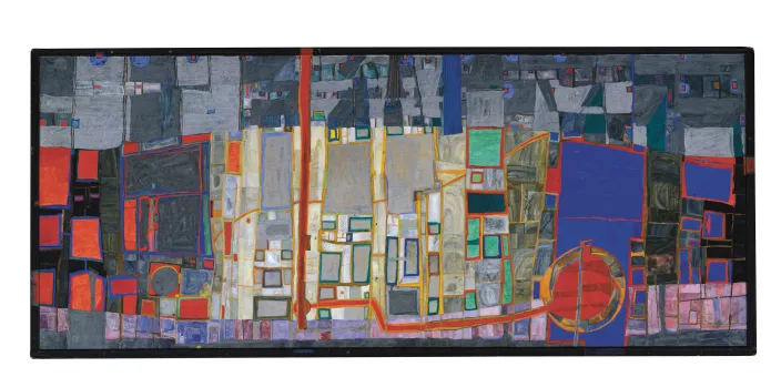 Öl und Kasein auf Hartfaserplatte, 75 x 174,7 cm    