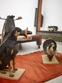 Verschiedene Materialien (Raumwinkel mit   Rollen, Rolltisch, zwei präparierte Hunde)  Flächenausbreitung 290 x 260 cm  Höhe des Raumwinkels 400 cm