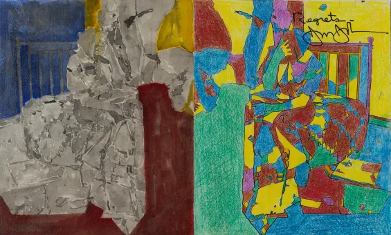 Acryl, Fotokopie-Collage, Farbstift, Tusche und Aquarell auf Papier  28,9 x 45,1 cm