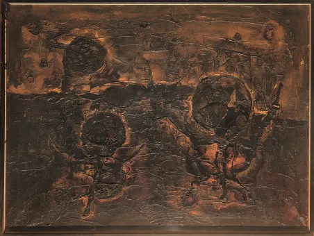 Teer und Metallschlüssel auf Leinwand  97 × 130 cm
