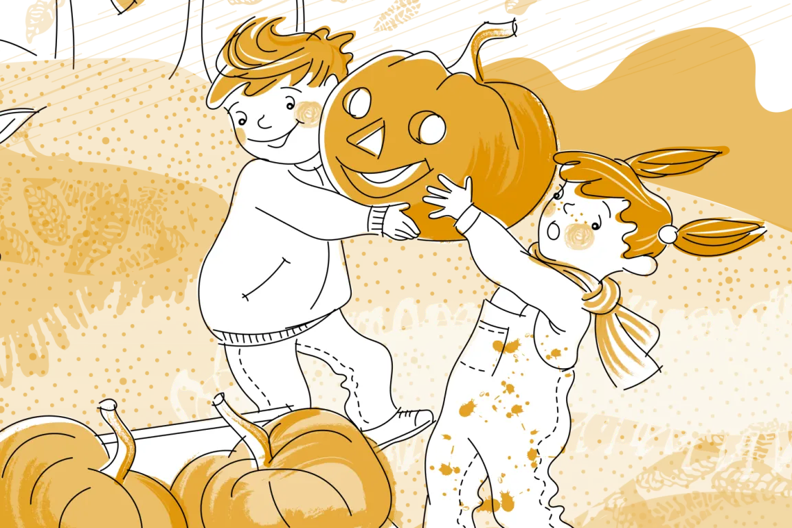Illustration von zwei Kindern und einem Kürbis