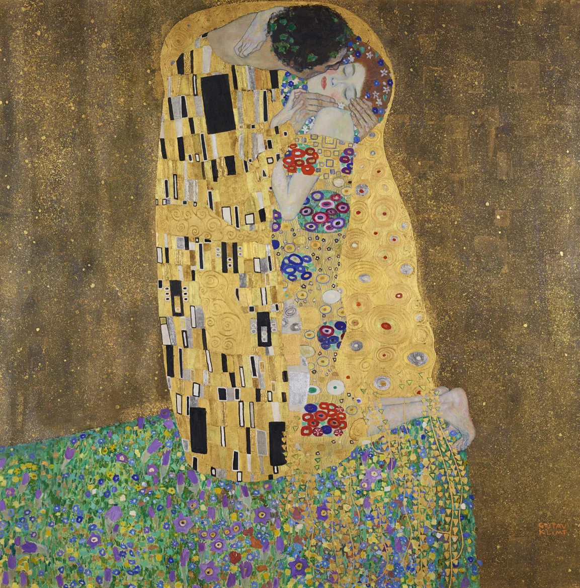 Painting of a man and a woman, closely winded on a meadow; the picture is dominated by the colours Gold, Yellow, Brown and Green