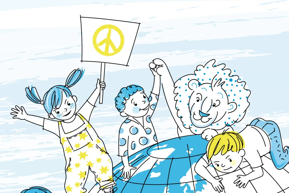 Illustration von Kindern mit einem Peace-Zeichen-Schild
