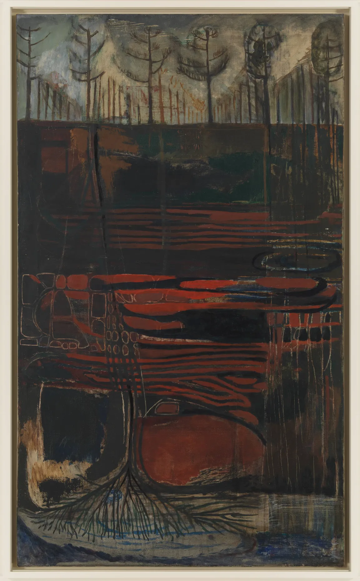 Gemälde einer Landschaft aus Bäumen in dunklen Farben