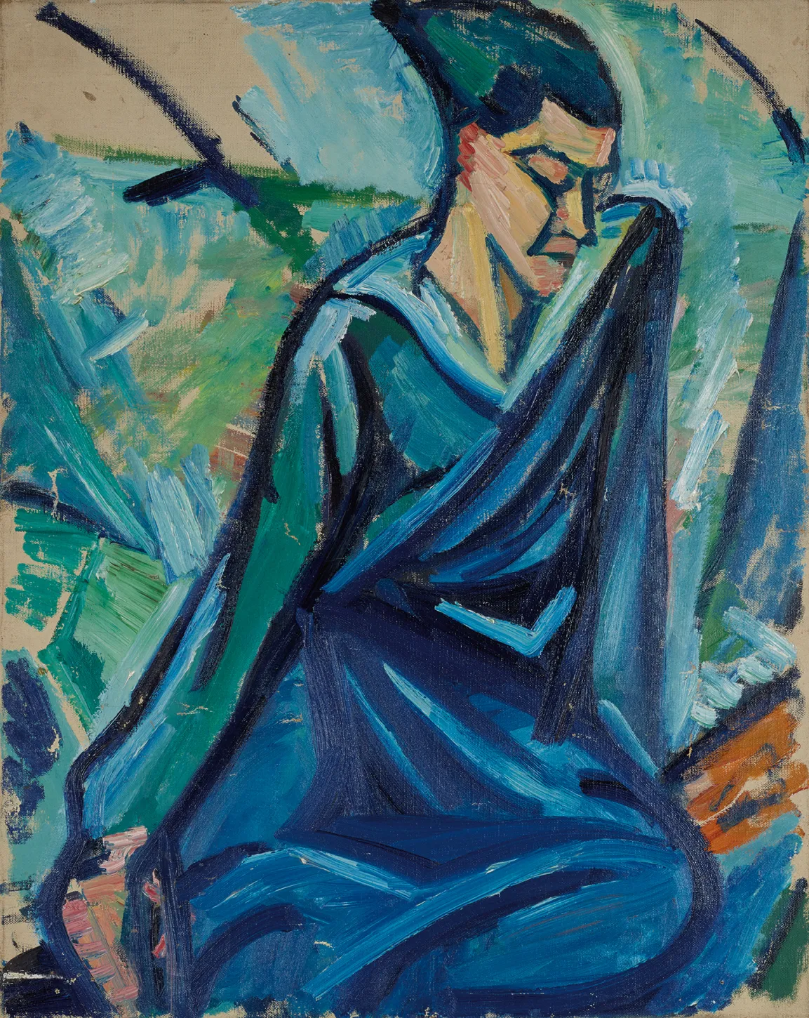 Studie einer sitzenden Frau mit zu Boden gerichteten Blick in Blau- und Grüntönen