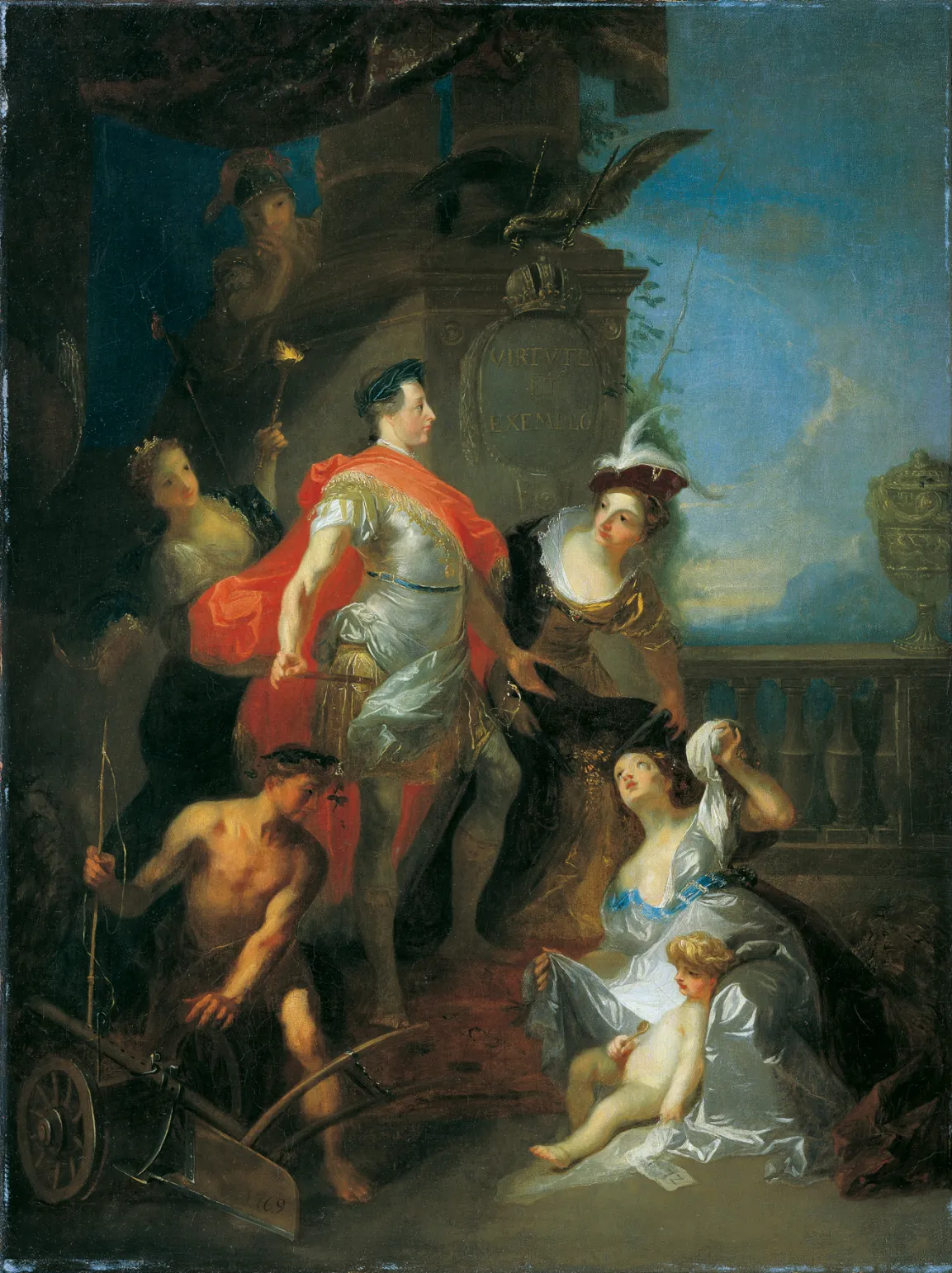Im Zentrum befindet sich der als römischer Imperator mit Lorbeerkranz und Feldherrnstab inszenierte Joseph II., neben seinem Haupt ist auf dem Säulenpostament ein Schild mit seiner Devise Virtute et exemplo ("Mit Tugend und Beispiel"), 