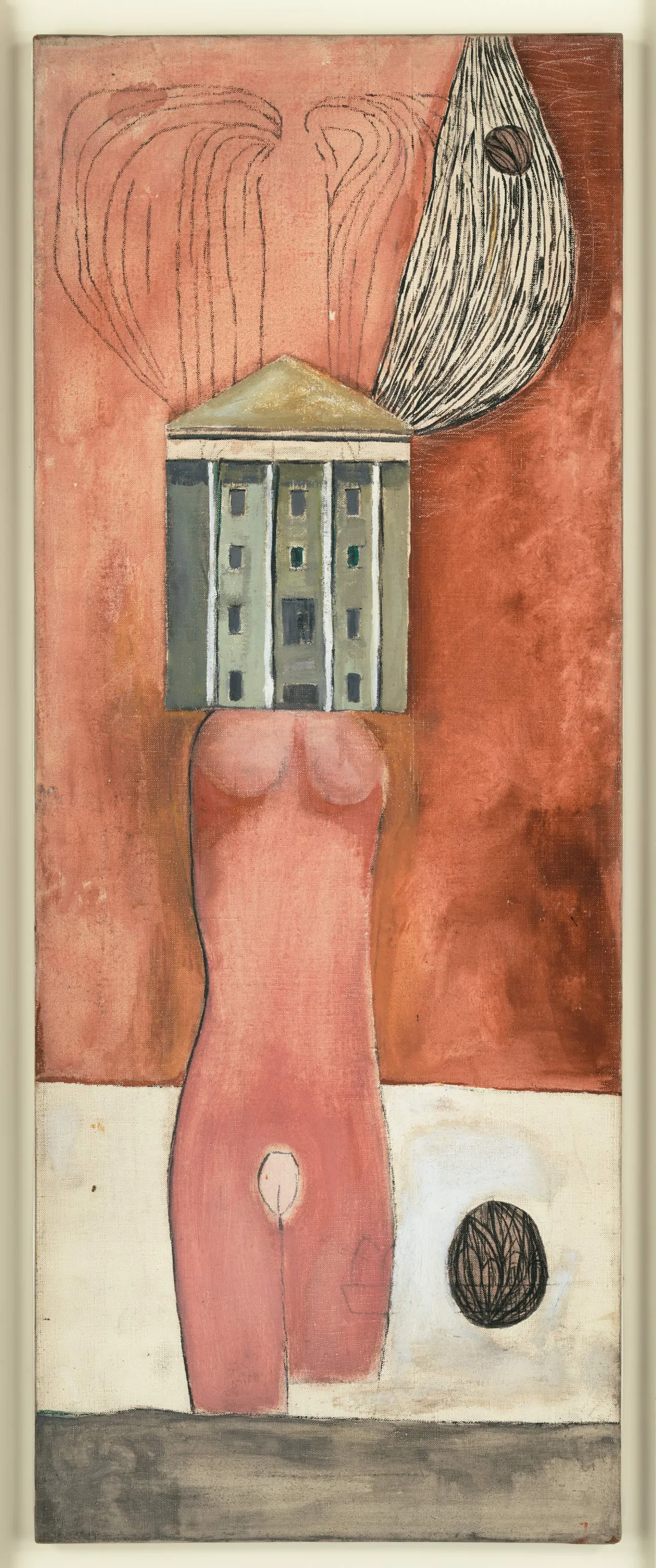 Ölgemälde, auf dem ein Frauentorso in rosa Farbe abgebildet ist, anstelle des Kopfs ist ein Haus dem Torso aufgesetzt
