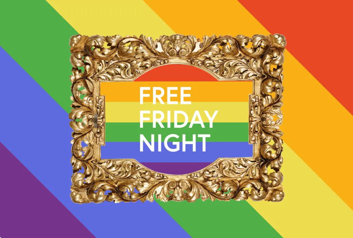 Free Friday Night Sujet mit goldenem Rahmen vor regenbogenfarbenem Hintergrund