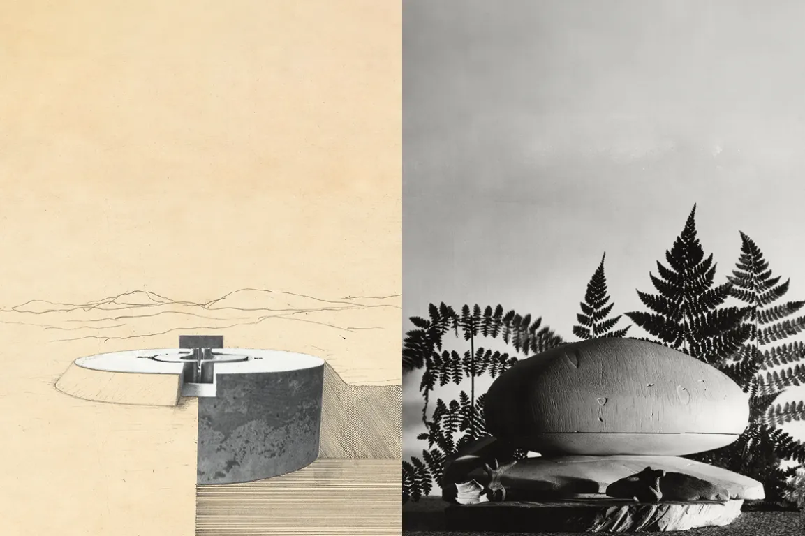 Bild, links: Walter Pichler, Unterirdisches Gebäude mit ausfahrbarem Kern, 1963, Tiroler Landesmuseen, Grafische Sammlung, Foto: TLM, Plattner / Bild, rechts: Friedrich Kiesler, Modell eines Endless House, 1950, Foto: Percy Rainford
