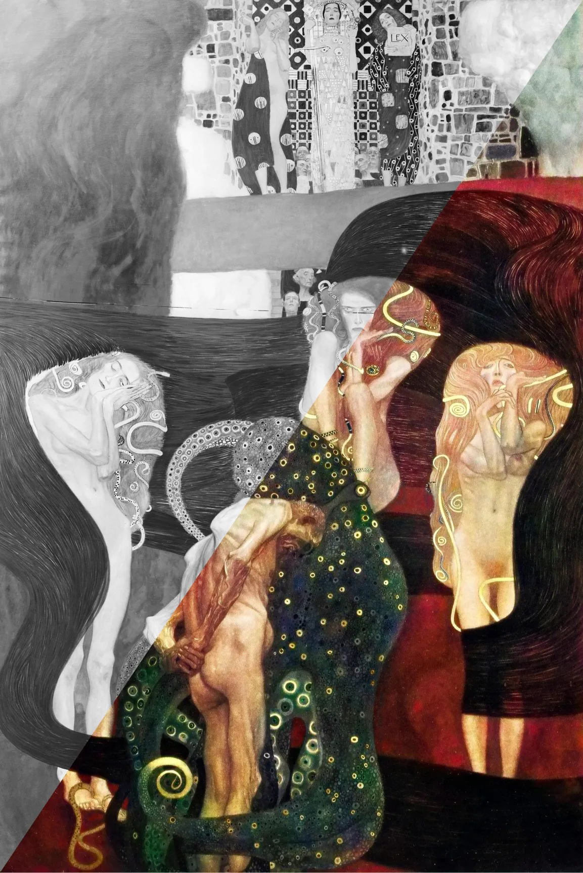 Gustav Klimt, Fakultätsbild „Die Jurisprudenz“, 1900-1907, Historische Aufnahme im Vergleich zur Rekolorisierung 2021