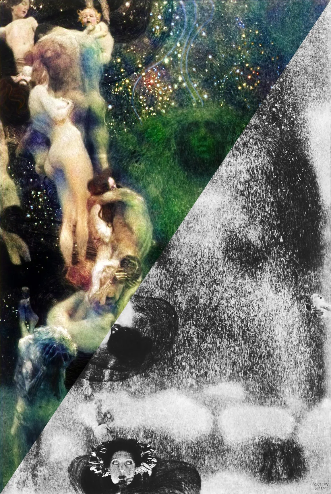 Gustav Klimt, Fakultätsbild „Die Philosophie“, 1900, historische Aufnahme im Vergleich zur Rekolorisierung (2021)