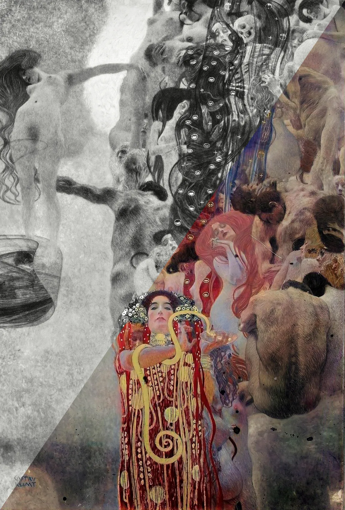 Gustav Klimt, Fakultätsbild „Die Medizin“, 1901, historische Aufnahme im Vergleich zur Rekolorisierung (2021)