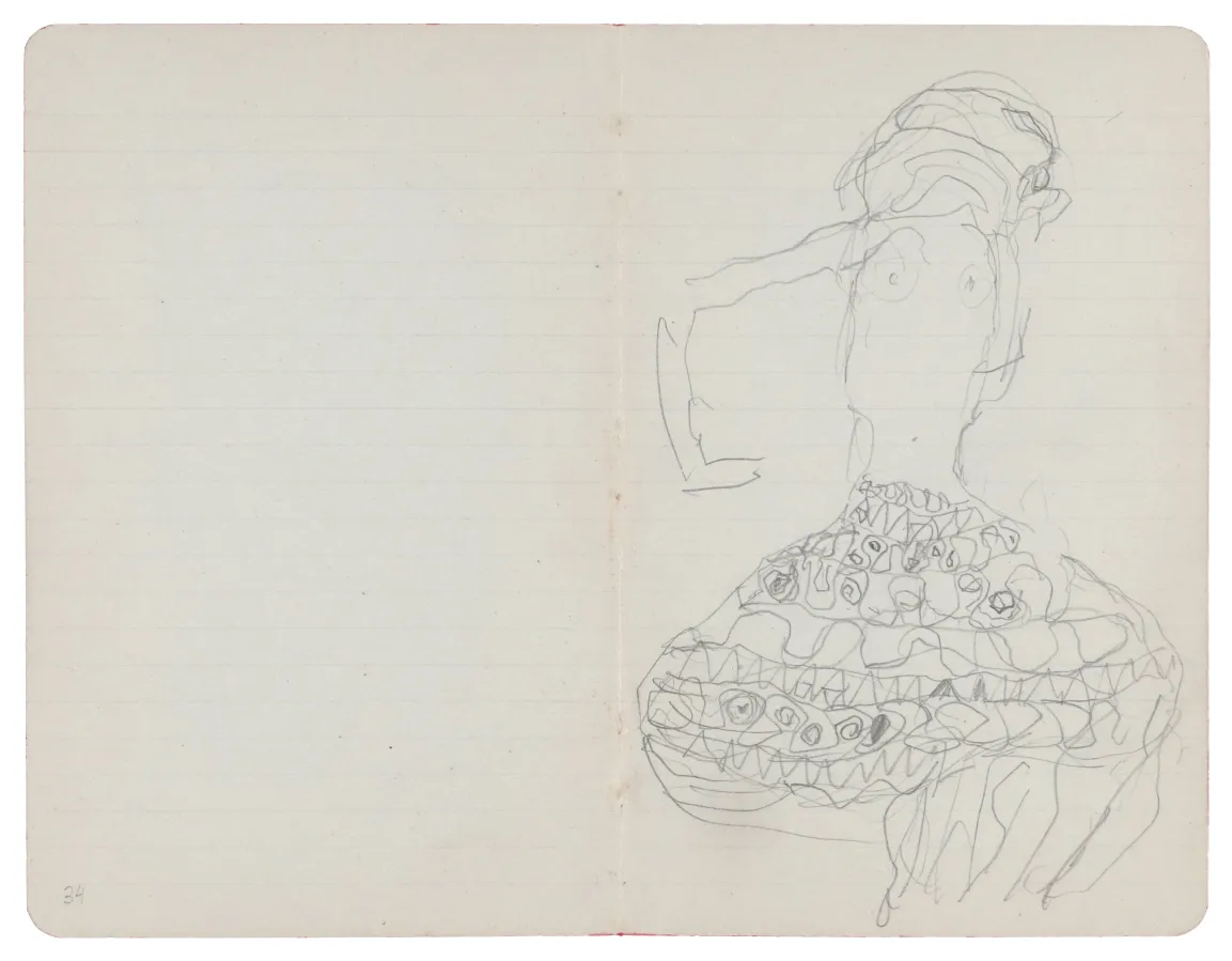 Gustav Klimt: Studie für die rechte Figur mit gespreizten Beinen und Rock im Gemälde "Die Braut" aus dem letzten Skizzenbuch, 1917