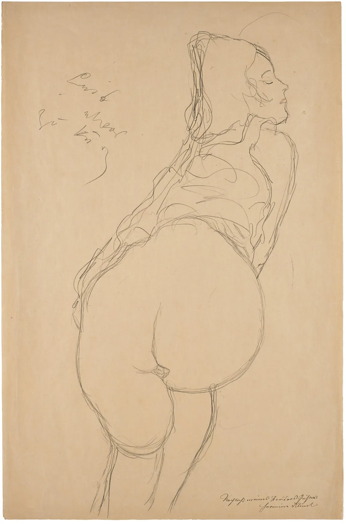 Gustav Klimt: Weiblicher Rückenakt mit hochgeschobenem Kleid. Studie für den linken Rückenakt im Gemälde Die Braut, 1917