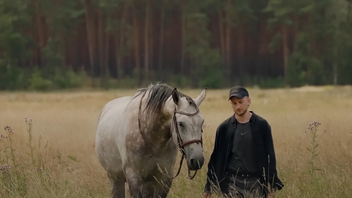 Person mit einem Pferd auf einem Feld mit Wald im Hintergrund
