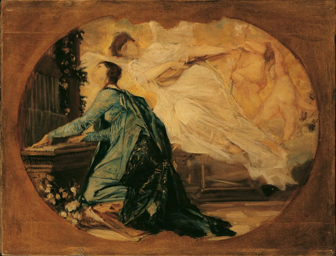 Auf dem Bild ist eine Frau zu sehen, die an einem Klavier sitzt. Sie hat ihre Aufmerksamkeit auf das Instrument gerichtet. Hinter ihr schwebt eine zweite Figur, die in einer leichten Pose dargestellt ist. Diese Figur hat einen fließenden Stoff um sich. Der Hintergrund ist teils abstrakt und enthält grobe Formen, die an Figuren oder geometrische Strukturen erinnern. [KI-generiert mit ChatGPT]
