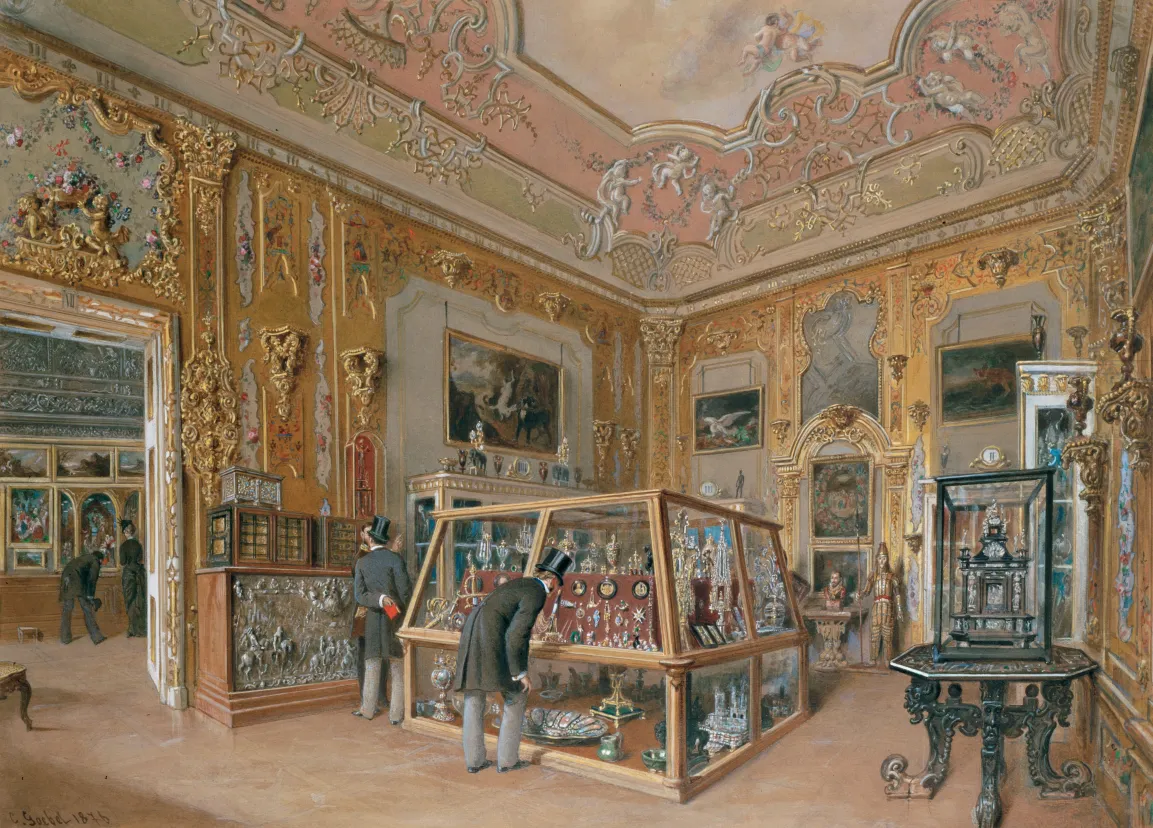 A painting showing today's Gold Cabinet being used to exhibit paintings and artefacts.