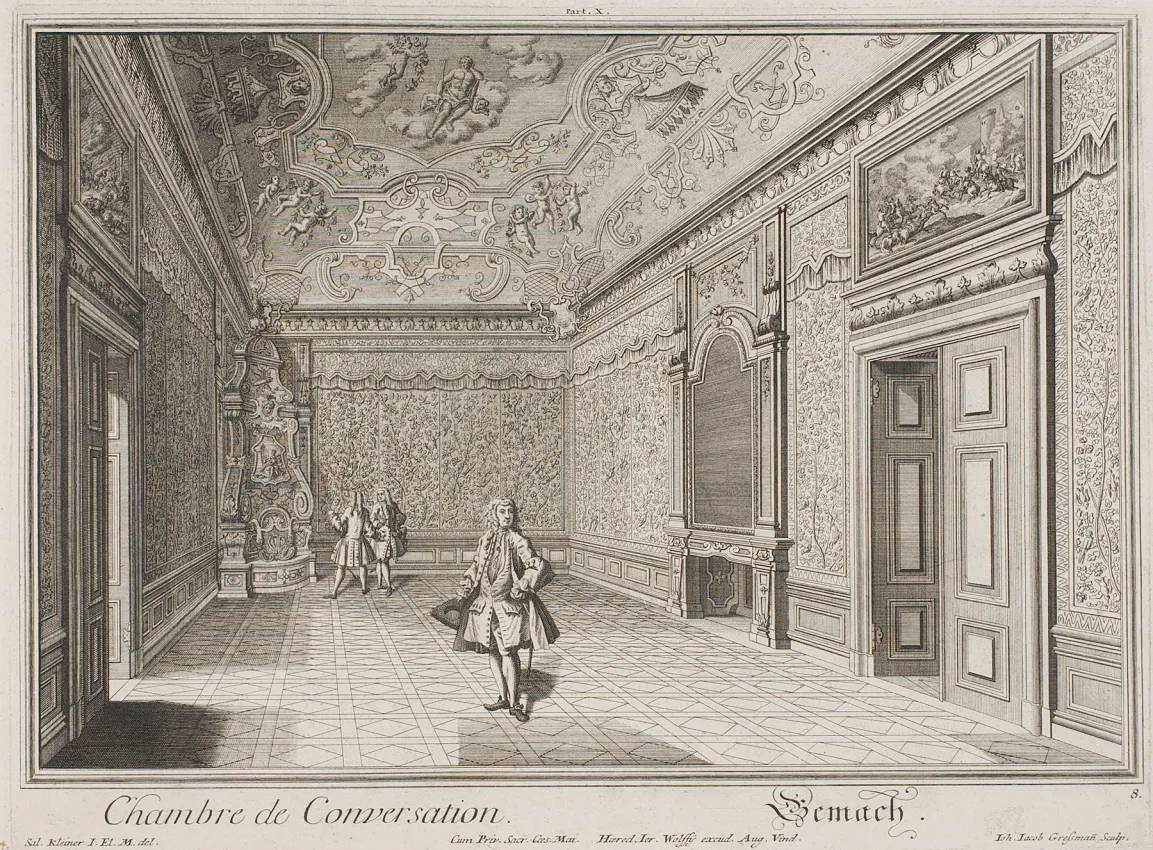 A black and white depiction of today's gold cabinet in use as a conversation room.