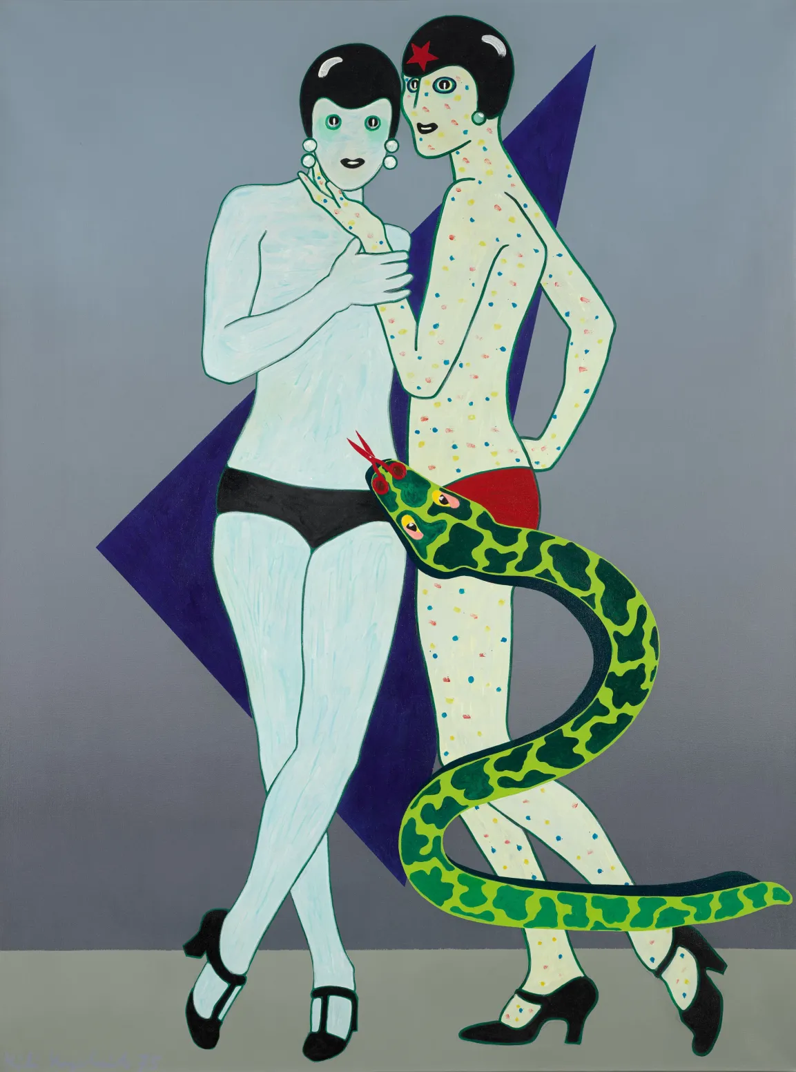 Zwei weibliche Figuren im Pop-Art-Stil vor einem blauen Dreieck aneinanderstehend, im Vordergrund schlängelt sich eine grüne Schlange