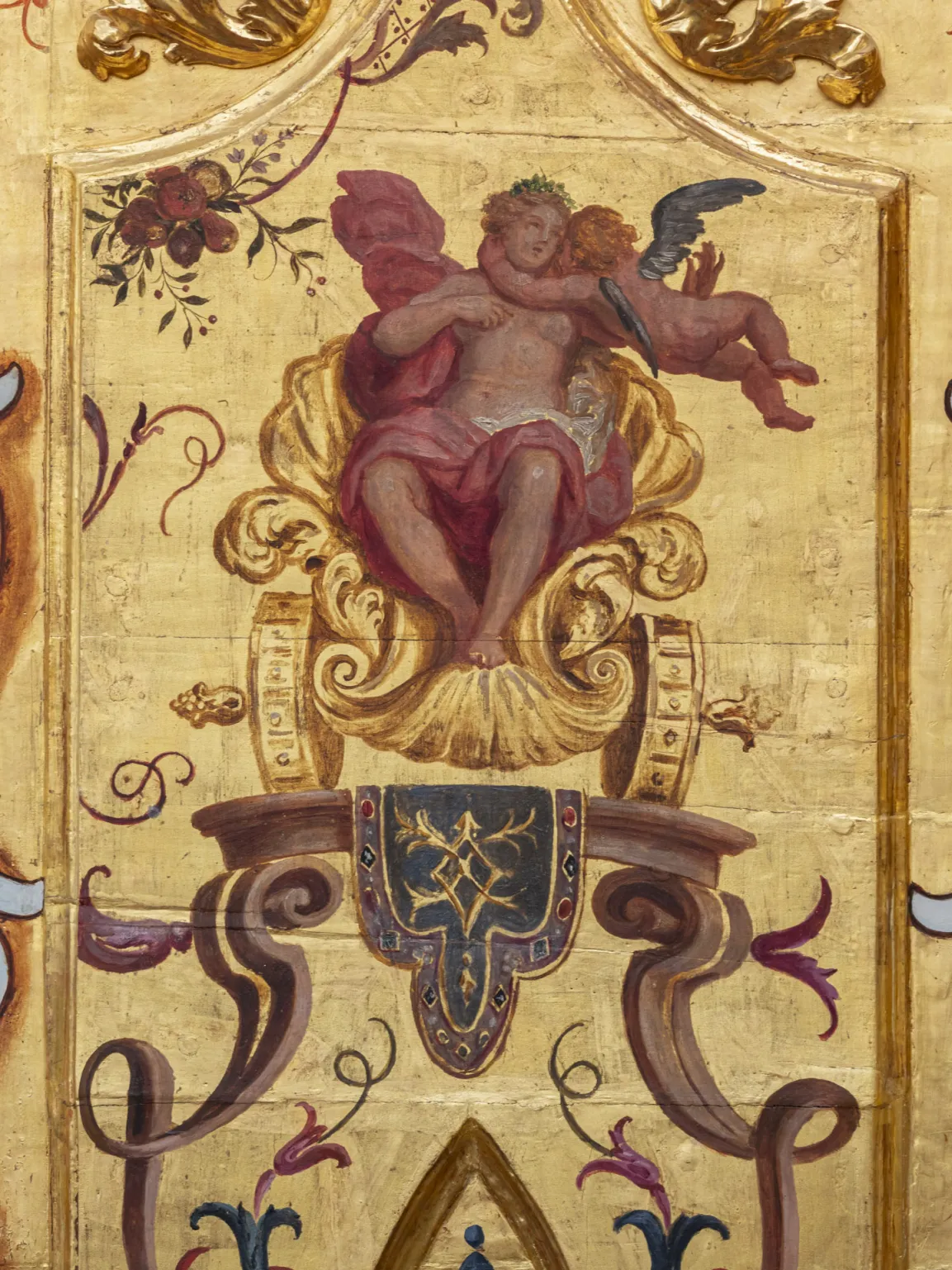 Painting on a gold ground: Personification of Spring. Venus on a shell chariot, accompanied by Cupid and devoted to human love.