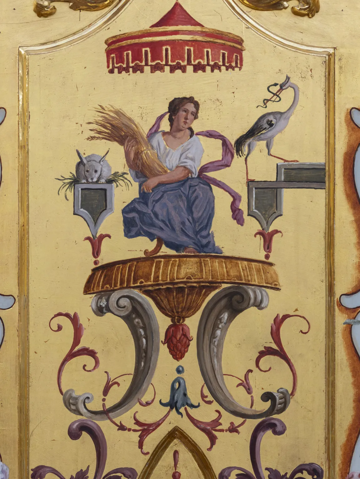 Painting on a gold ground: Personification of Summer. A woman holding a bundle of wheat in her arms.