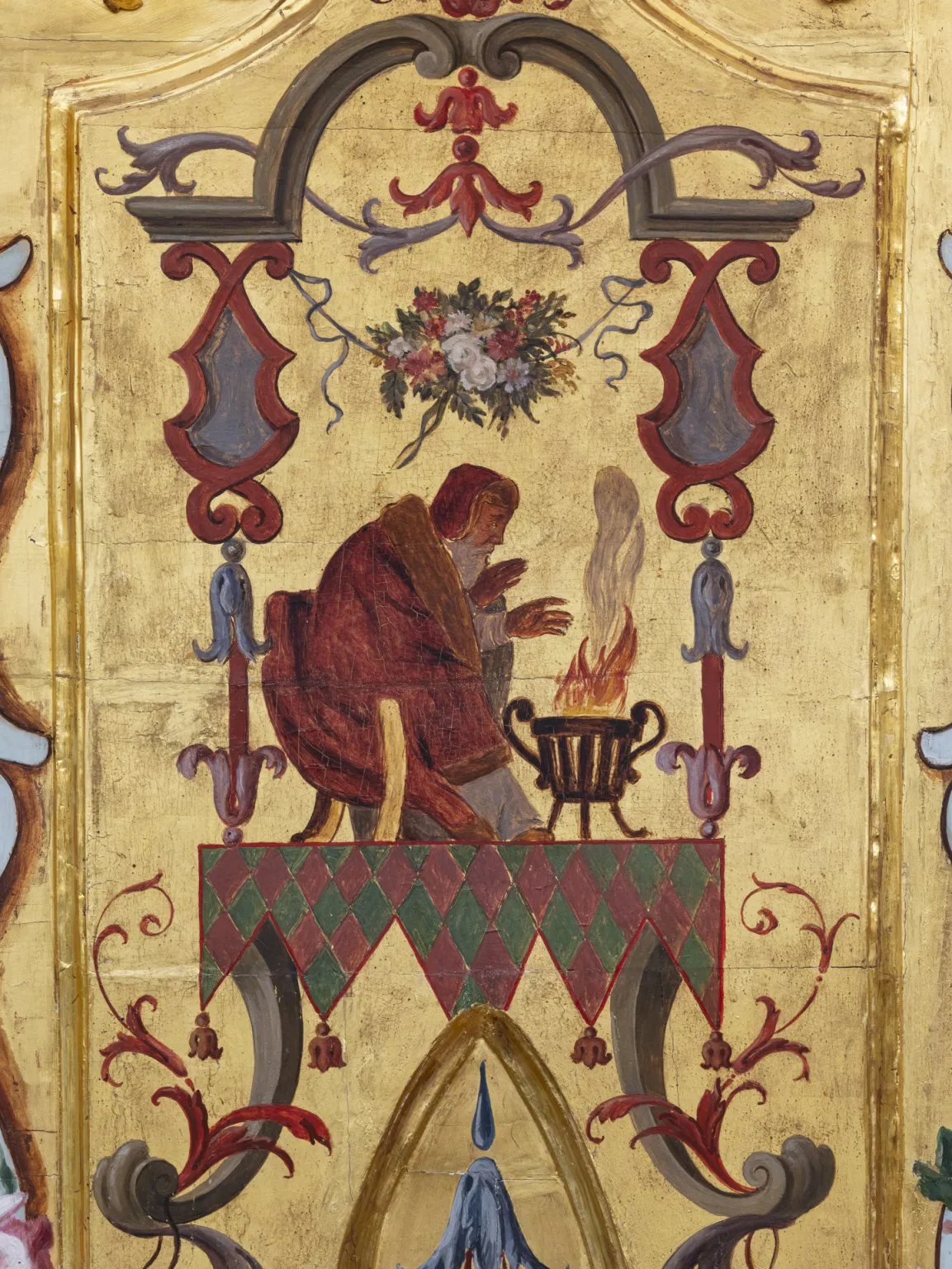 Painting on a gold ground: Personification of Winter. An old man warming himself beside a brazier.