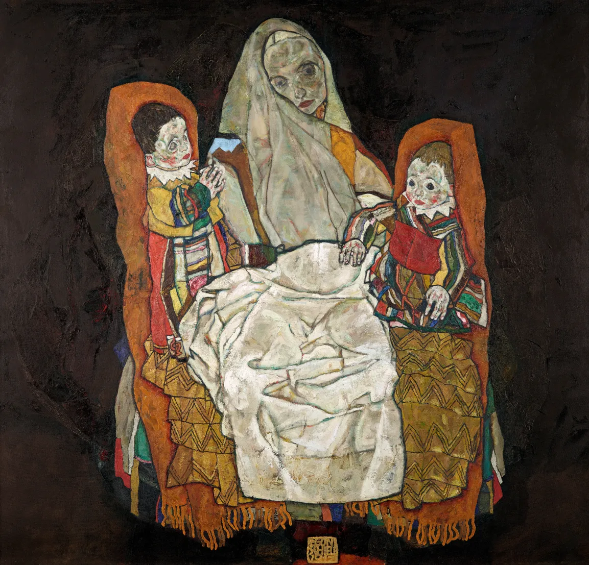 A sickly, pale mother in the center with two brightly colored toddlers on her sides.