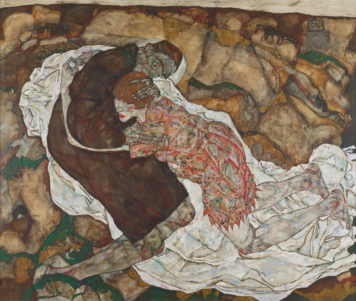 A man and a woman embracing.