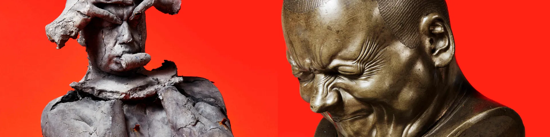 Messerschmidt Kopf und Gipsabdruck auf rotem Hintergrund