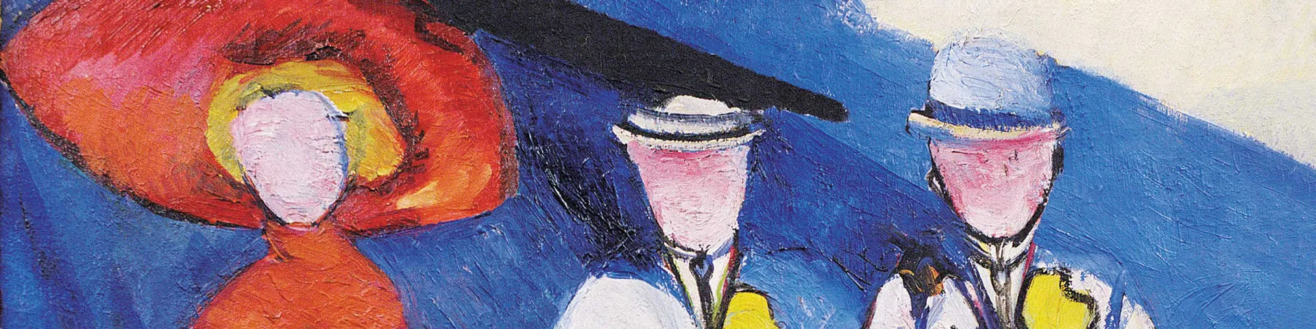 Ölgemälde von drei weiblichen Figuren mit Hüten vor einem gelben und blauen Hintergrund
