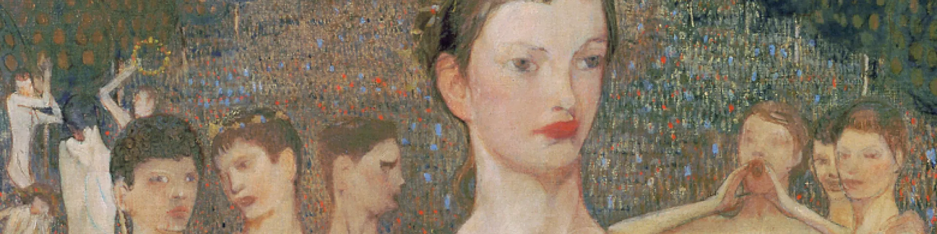 young woman in the front - in the back young men, naked as her. 