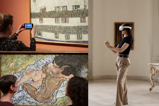 Menschen mit VR Brille vor Kunstwerken.