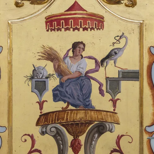 Painting on a gold ground: Personification of Summer. A woman holding a bundle of wheat in her arms.