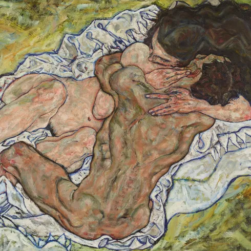 A naked woman and man embracing.