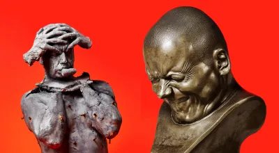 Messerschmidt Kopf und Gipsabdruck auf rotem Hintergrund