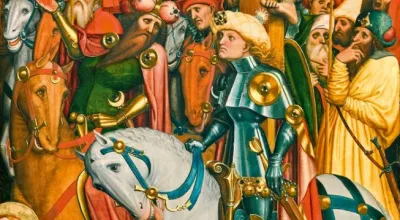 Detailansicht von Pferd und Reiter mit Menschen im Hintergrund